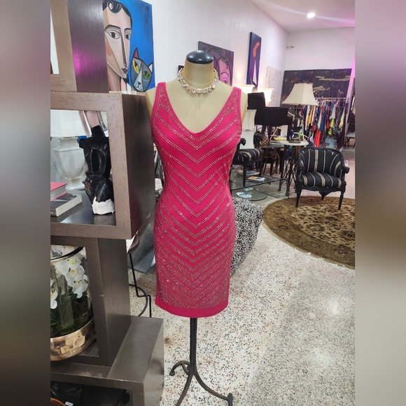 Carmen Marc Valvo Fuchsia Dress with Metallic Details - Picture 2 of 3